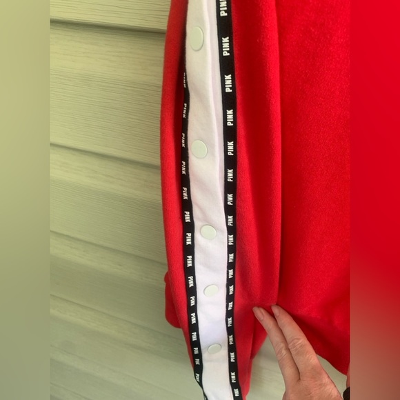 PINK Victoria s Secret red zip-up hoodie Y2K white stripe snap details sz L - Picture 10 of 14